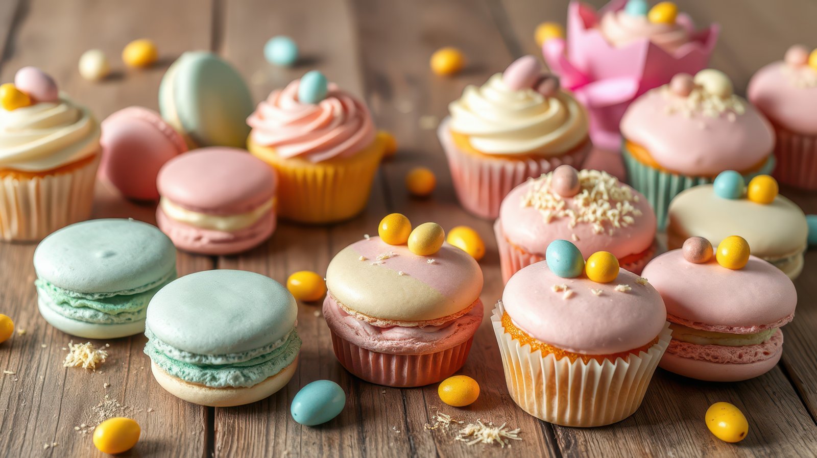 Colorful cupcakes and macarons arranged on a rustic wooden table with decorative details
